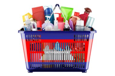 Shopping basket with Cambodian flag full of cosmetic bottles, hair, facial skin and body care products. 3D rendering isolated on white background