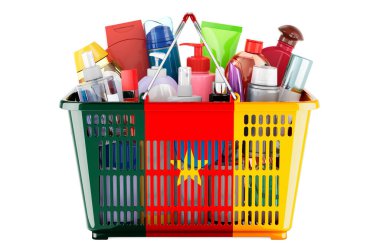 Shopping basket with Cameroonian flag full of cosmetic bottles, hair, facial skin and body care products. 3D rendering isolated on white background