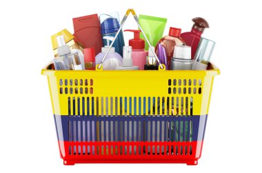 Shopping basket with Colombian flag full of cosmetic bottles, hair, facial skin and body care products. 3D rendering isolated on white background