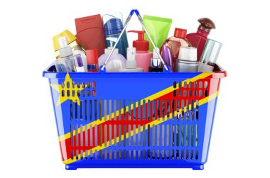 Shopping basket with Congolese Democratic Republic flag full of cosmetic bottles, hair, facial skin and body care products. 3D rendering isolated on white background