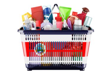 Shopping basket with Costa Rican flag full of cosmetic bottles, hair, facial skin and body care products. 3D rendering isolated on white background
