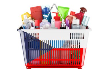 Shopping basket with Czech flag full of cosmetic bottles, hair, facial skin and body care products. 3D rendering isolated on white background