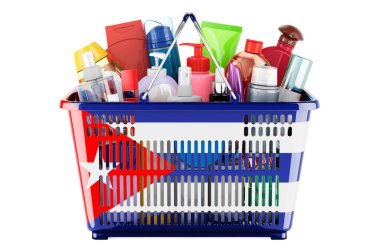 Shopping basket with Cuban flag full of cosmetic bottles, hair, facial skin and body care products. 3D rendering isolated on white background