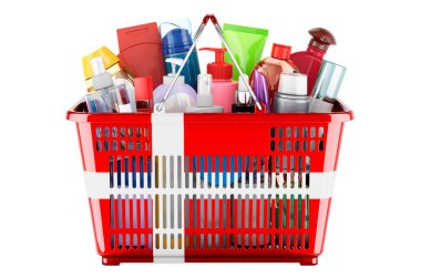 Shopping basket with Danish flag full of cosmetic bottles, hair, facial skin and body care products. 3D rendering isolated on white background