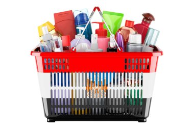 Shopping basket with Egyptian flag full of cosmetic bottles, hair, facial skin and body care products. 3D rendering isolated on white background
