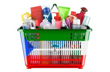 Shopping basket with Equatoguinean Guinea flag full of cosmetic bottles, hair, facial skin and body care products. 3D rendering isolated on white background