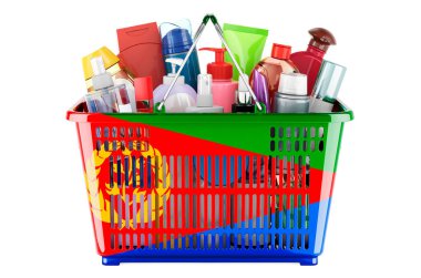Shopping basket with Eritrean flag full of cosmetic bottles, hair, facial skin and body care products. 3D rendering isolated on white background