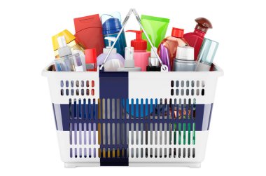 Shopping basket with Finnish flag full of cosmetic bottles, hair, facial skin and body care products. 3D rendering isolated on white background