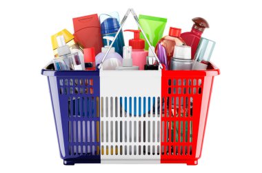 Shopping basket with French flag full of cosmetic bottles, hair, facial skin and body care products. 3D rendering isolated on white background
