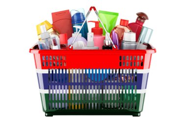 Shopping basket with Gambia flag full of cosmetic bottles, hair, facial skin and body care products. 3D rendering isolated on white background
