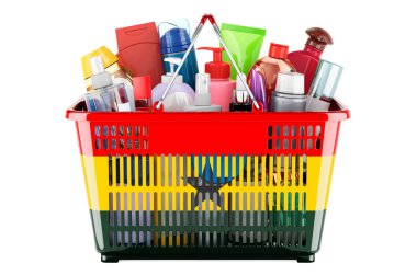 Shopping basket with Ghanaian flag full of cosmetic bottles, hair, facial skin and body care products. 3D rendering isolated on white background