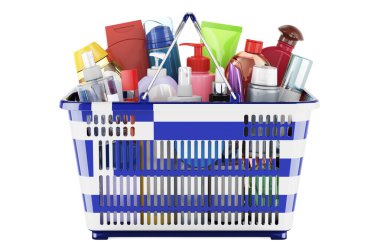Shopping basket with Greek flag full of cosmetic bottles, hair, facial skin and body care products. 3D rendering isolated on white background
