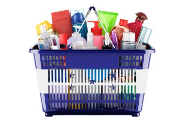 Shopping basket with Honduranian flag full of cosmetic bottles, hair, facial skin and body care products. 3D rendering isolated on white background