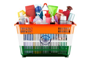 Shopping basket with Indian flag full of cosmetic bottles, hair, facial skin and body care products. 3D rendering isolated on white background