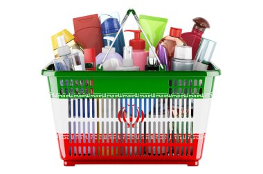 Shopping basket with Iranian flag full of cosmetic bottles, hair, facial skin and body care products. 3D rendering isolated on white background