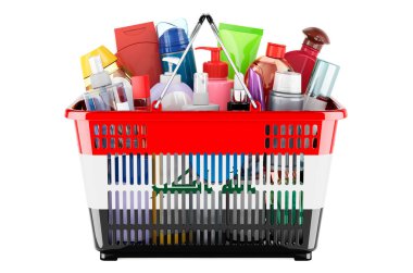 Shopping basket with Iraqi flag full of cosmetic bottles, hair, facial skin and body care products. 3D rendering isolated on white background