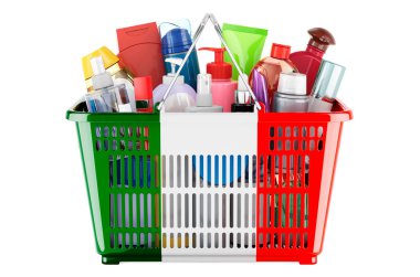 Shopping basket with Irish flag full of cosmetic bottles, hair, facial skin and body care products. 3D rendering isolated on white background