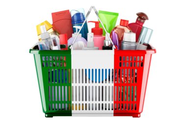 Shopping basket with Italian flag full of cosmetic bottles, hair, facial skin and body care products. 3D rendering isolated on white background