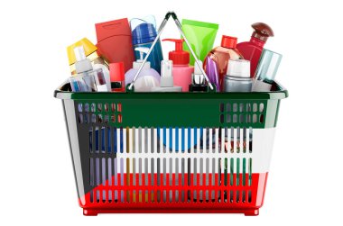 Shopping basket with Kuwaiti flag full of cosmetic bottles, hair, facial skin and body care products. 3D rendering isolated on white background