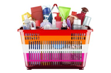 Shopping basket with lesbian flag full of cosmetic bottles, hair, facial skin and body care products. 3D rendering isolated on white background