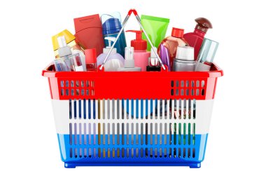 Shopping basket with Luxembourgish flag full of cosmetic bottles, hair, facial skin and body care products. 3D rendering isolated on white background