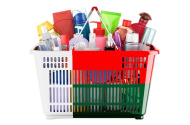 Shopping basket with Madagascar flag full of cosmetic bottles, hair, facial skin and body care products. 3D rendering isolated on white background