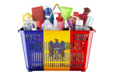 Shopping basket with Moldovan flag full of cosmetic bottles, hair, facial skin and body care products. 3D rendering isolated on white background
