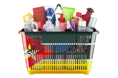 Shopping basket with Mozambican flag full of cosmetic bottles, hair, facial skin and body care products. 3D rendering isolated on white background