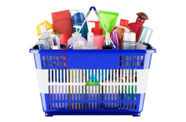 Shopping basket with Nicaraguan flag full of cosmetic bottles, h