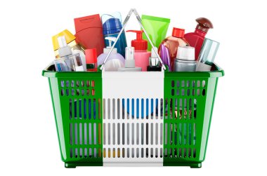 Shopping basket with Nigerian flag full of cosmetic bottles, hair, facial skin and body care products. 3D rendering isolated on white background