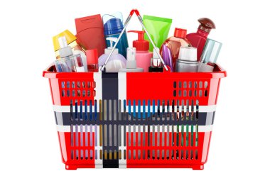 Shopping basket with Norwegian flag full of cosmetic bottles, hair, facial skin and body care products. 3D rendering isolated on white background