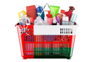 Shopping basket with Omani flag full of cosmetic bottles, hair, facial skin and body care products. 3D rendering isolated on white background