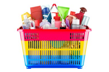Shopping basket with pansexual flag full of cosmetic bottles, hair, facial skin and body care products. 3D rendering isolated on white background