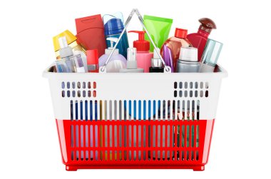 Shopping basket with Polish flag full of cosmetic bottles, hair, facial skin and body care products. 3D rendering isolated on white background