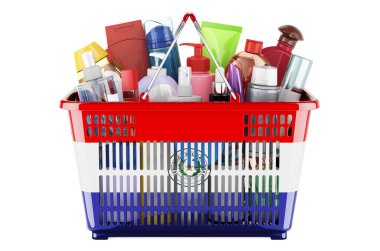 Shopping basket with Paraguayan flag full of cosmetic bottles, hair, facial skin and body care products. 3D rendering isolated on white background