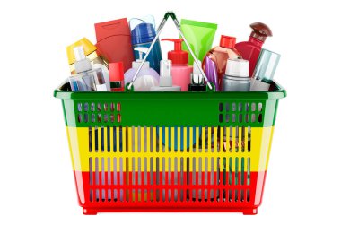Shopping basket with Rastafarian flag full of cosmetic bottles, hair, facial skin and body care products. 3D rendering isolated on white background