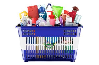 Shopping basket with Salvadoran flag full of cosmetic bottles, hair, facial skin and body care products. 3D rendering isolated on white background