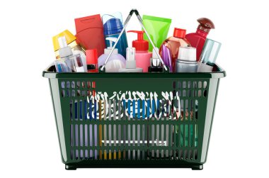 Shopping basket with Saudi Arabian flag full of cosmetic bottles, hair, facial skin and body care products. 3D rendering isolated on white background