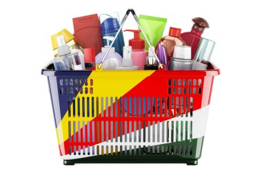 Shopping basket with Seychelloise flag full of cosmetic bottles, hair, facial skin and body care products. 3D rendering isolated on white background