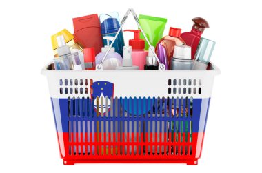 Shopping basket with Slovenian flag full of cosmetic bottles, hair, facial skin and body care products. 3D rendering isolated on white background