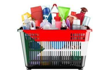 Shopping basket with Sudanese flag full of cosmetic bottles, hair, facial skin and body care products. 3D rendering isolated on white background