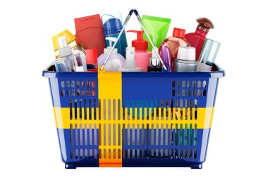 Shopping basket with Swedish flag full of cosmetic bottles, hair, facial skin and body care products. 3D rendering isolated on white background