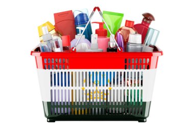Shopping basket with Tajik flag full of cosmetic bottles, hair, facial skin and body care products. 3D rendering isolated on white background