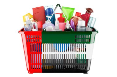 Shopping basket with the United Arab Emirates flag full of cosmetic bottles, hair, facial skin and body care products. 3D rendering isolated on white background