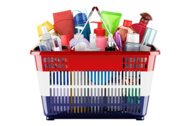 Shopping basket with the Netherlands flag full of cosmetic bottles, hair, facial skin and body care products. 3D rendering isolated on white background