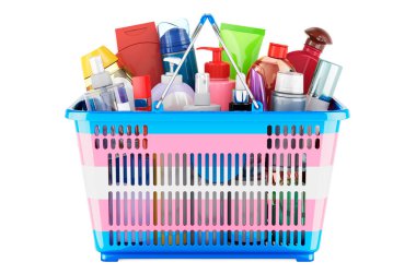 Shopping basket with transgender flag full of cosmetic bottles, hair, facial skin and body care products. 3D rendering isolated on white background
