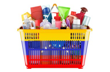 Shopping basket with Venezuelan flag full of cosmetic bottles, hair, facial skin and body care products. 3D rendering isolated on white background