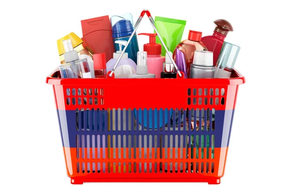 Shopping basket with Armenian flag full of cosmetic bottles, hair, facial skin and body care products. 3D rendering isolated on white background