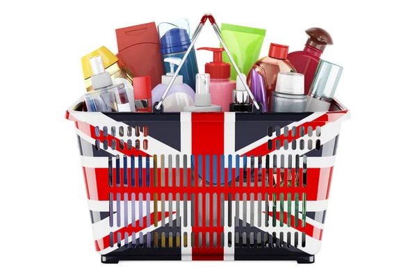 Shopping Basket British Flag Full Cosmetic Bottles Hair Facial Skin — 스톡 사진