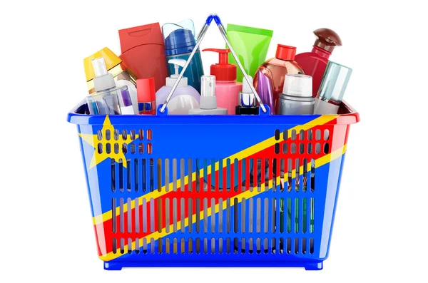 Shopping Basket Congolese Democratic Republic Flag Full Cosmetic Bottles Hair — Stock fotografie